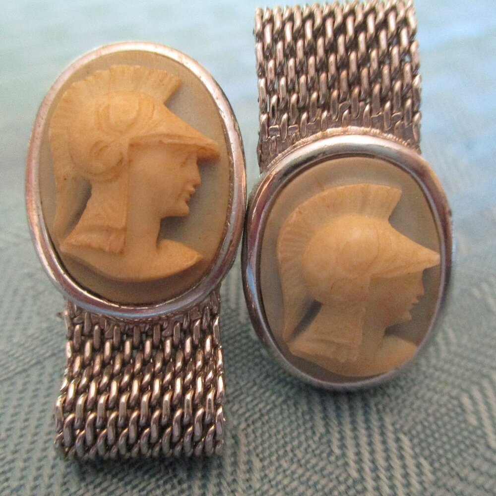 Vintage Blue/Cream Cameo Roman Greek Soldier Silver Mesh Cufflinks